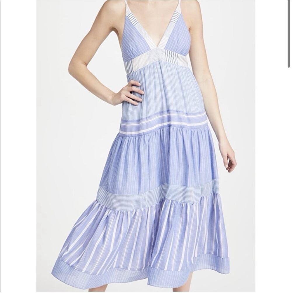 LE SUPERBE Blue White Striped V-Neck Tie Back Strappy Midi Sundress Women’s XS